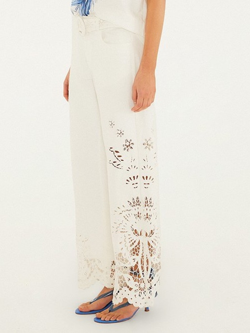 Farm Rio High Rise Embroidered Eyelet off-white Denim Wide Leg Pants - size 26 - Picture 3 of 13